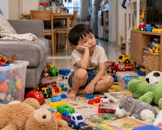 Bé chán nản giữa đống đồ chơi trong căn hộ chật
