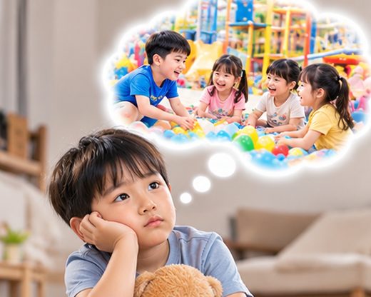 Bé ôm gấu, mơ được chơi cùng các bạn