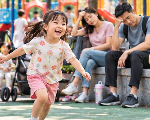 Bé chạy chơi, bố mẹ ngồi nghỉ mệt mỏi